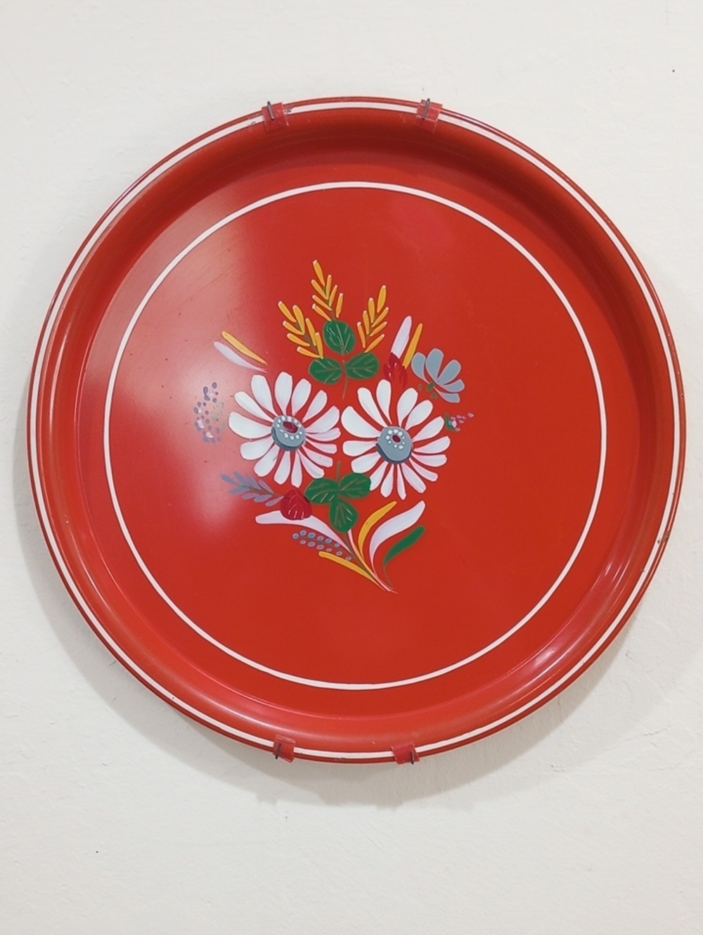 Ransburg Round Metal Floral Painted Serving Tray - Vintage!